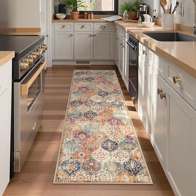 Lahome Moroccan Washable Kitchen Runner, 2x7 Runner Rug with Rubber Backing Non Slip, Vintage Hallway Rug Throw Carpet for Hallways Bedroom Laundry Room Entryway Elise, Cream/Multi