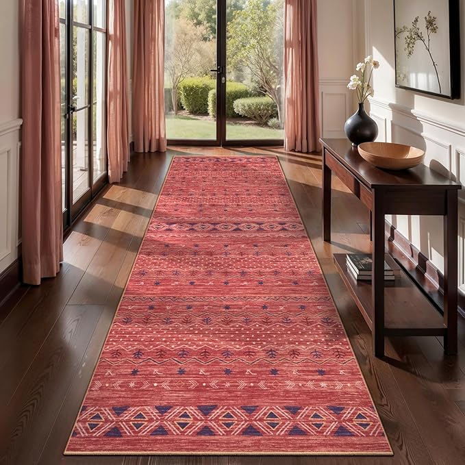 SERISSA Hallway Runner Rug, 2'6"x8' Washable Non-Slip Red Ochre Boho Rug, Soft Low-Pile Geometric Indoor Long Carpet for Kitchen Laundry Room Bathroom Bedroom Entryway