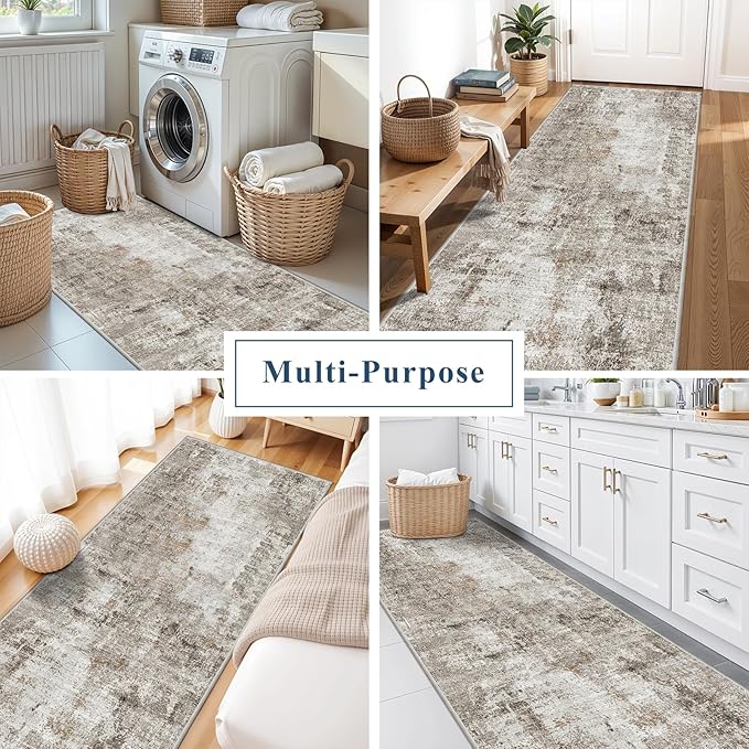 3x7 Washable Non-Slip Kitchen Runner Rug – Modern Abstract Neutral Beige & Gray Carpet for Hallway, Entryway, Bedroom, Laundry Room – Low-Pile Thin Wide Floor Runner with Rubber Backing