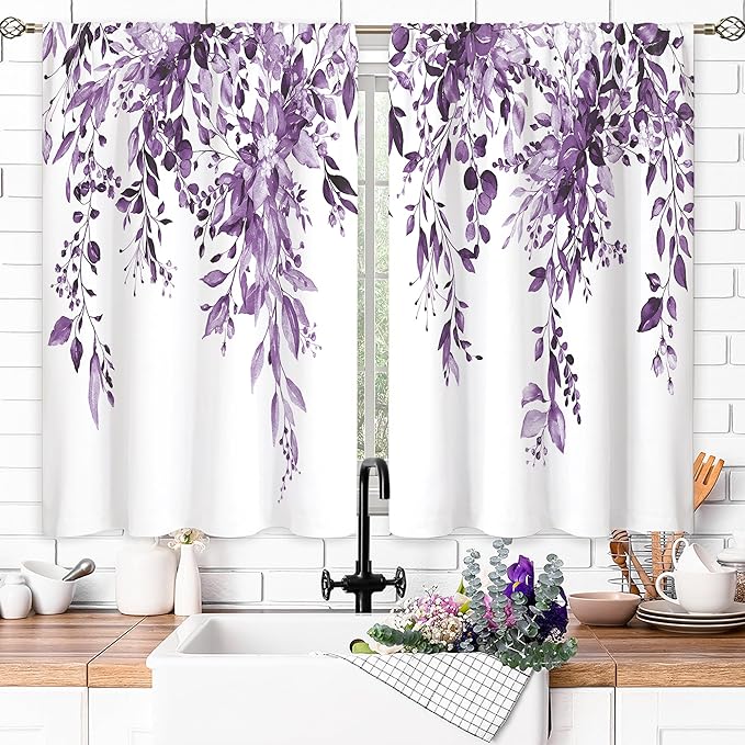 Eucalyptus Botanical Leaves Purple Floral Kitchen Window Curtains Over Sink Farmhouse Flower Leaf Small Window Treatment Cafe Short Curtains for Bathroom Treatment Tier Drapes 27.5x39 inch