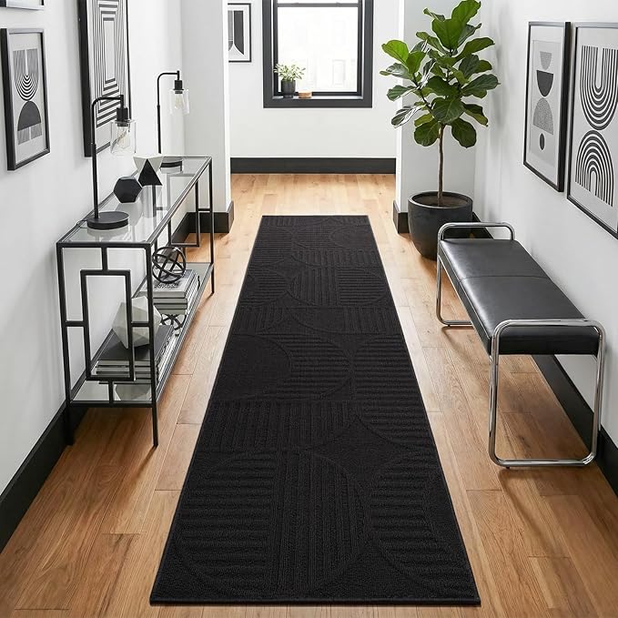 Findosom Washable Runner Rug 2x8, Geometric High-Low Textured Non Slip Hallway Runner Rug with Rubber Backing, Boho Carpet Runner for Kitchen, Bedroom, Laundry, Entryway, Bathroom, Black