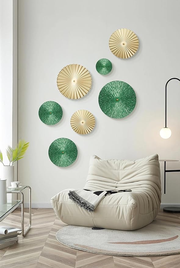 TEIPAI Emerald Green and Gold Wall Decor for Living Room, 7PCS Modern Metal Wall Art Hanging Sculptures for Office Bedroom Decoration, Brass Gold Home Decor for Gallery Wall Guest Room Bathroom