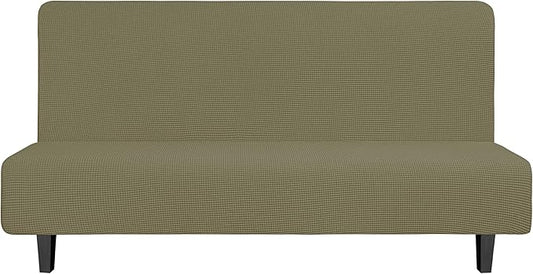 Easy-Going Stretch Futon Slipcover Armless Futon Bed Cover Furniture Protector Without Armrests with Elastic Bottom for Kids, Soft Jacquard Fabric Small Checks (Large, Khaki)