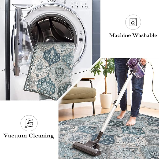 Lahome Moroccan Trellis Washable Runner Rug, 2x6 Runners for Hallways 6 Feet Non Slip Vintage Laundry Room Rug Vintage Ultra-Thin Long Carpet for Kitchen Bedroom Elise, Blue
