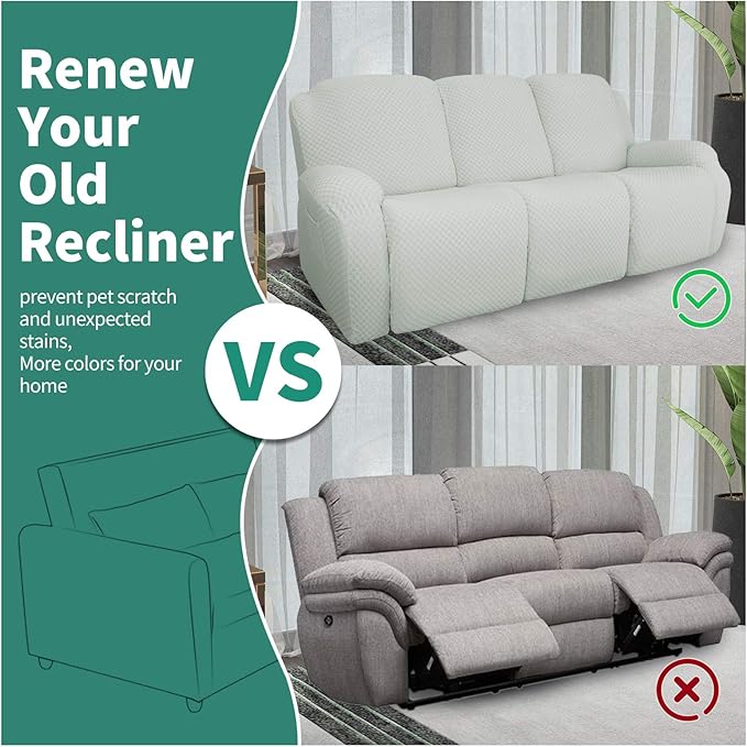 YEMYHOM 8 Pieces Stretch Recliner Sofa Cover Latest Jacquard Reclining Couch Cover with Side Pocket Anti-Slip Fitted 3 Cushion Furniture Slipcovers with Elastic Bottom (Sofa Recliner, Ivory)