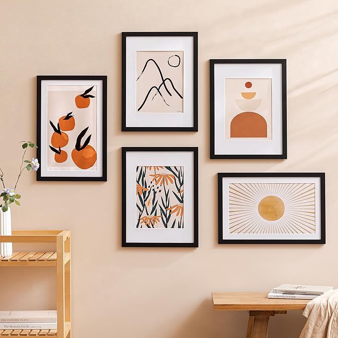 eletecpro 12x16 Picture Frames Set of 5, Gallery wall frame Display 8.5x11 Photo with Mat or 12x16 without Mat, Picture Frame Collage Wall Decor for Wall Mounting, Black