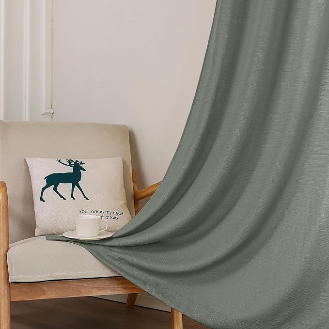 Chyhomenyc Olive Green Curtains 90 Inch Length 2 Panels Set, Faux Linen Textured Semi Sheer Light Filtering Soft Airy Privacy Farmhouse Curtain Drapes for Living Room Bedroom, 40 Wx90 L Inches