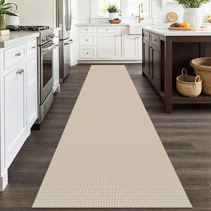 IOHOUZE Washable Runner Rug 2.6x12 Non Slip Rubber Backed Extra Long Hallway Runner Entryway Runner Indoor, Kitchen Rugs Woven Cotton Floor Carpet for Hall Entrance, Beige/Khaki