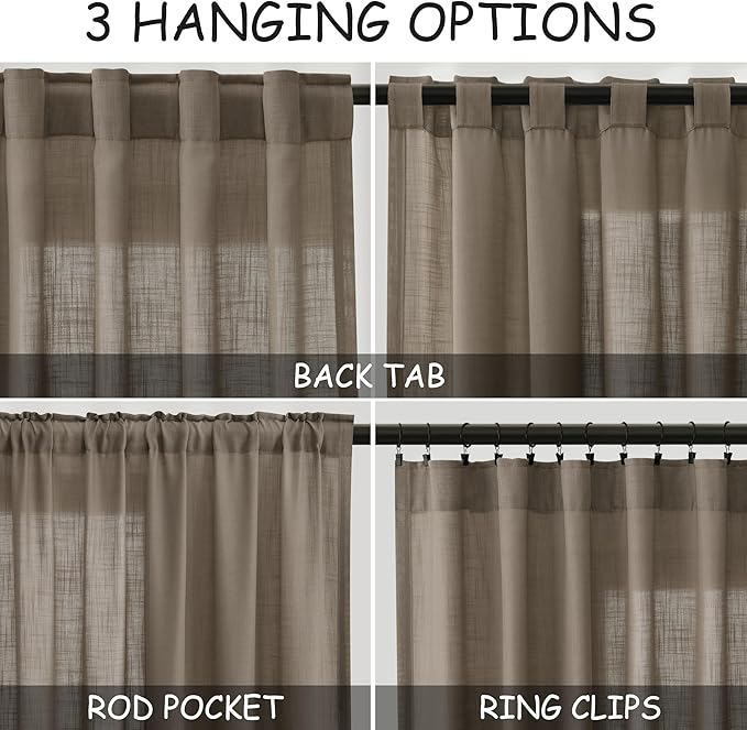 Dark Taupe Kitchen Cafe Curtains 45 Inch Length 2 Panel Set Back Tab Rod Pocket Semi Sheer Light Filtering Short Curtain Farmhosue Small Curtains for Basement Window Bathroom Living Room 52x45