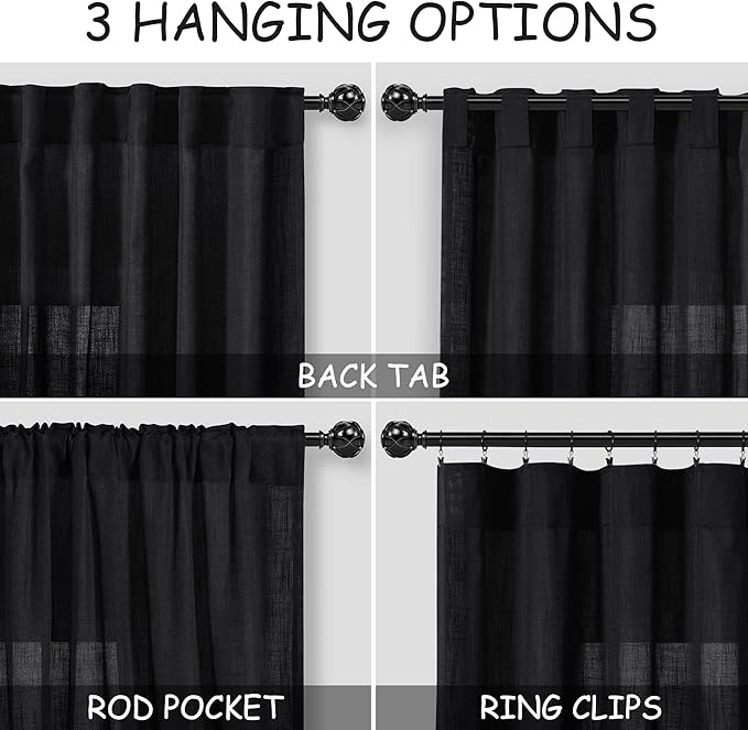 Nanspring Black Linen Curtains 90 Inches Long for Living Room 2 Panels Set Semi Sheer Vertical Curtains Back Tab Rod Pocket Simple Modern Privacy Curtain for Bedroom/Dinner Room 60x90