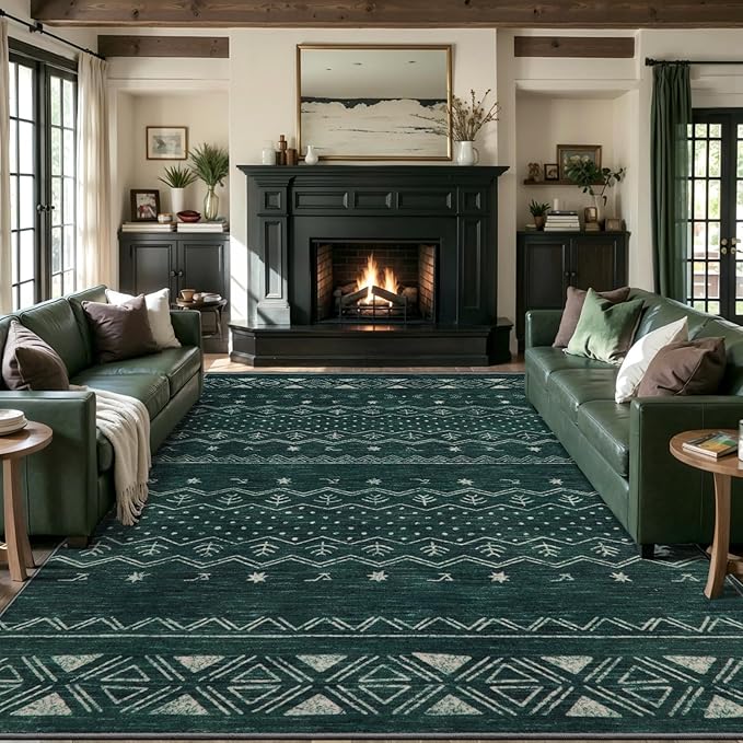 SERISSA 9x12 Area Rugs for Living Room, Washable Non-Slip Dark Green Boho Rug, Soft Low-Pile Geometric Indoor Large Carpet for Dining Room Bedroom Home Office Playroom