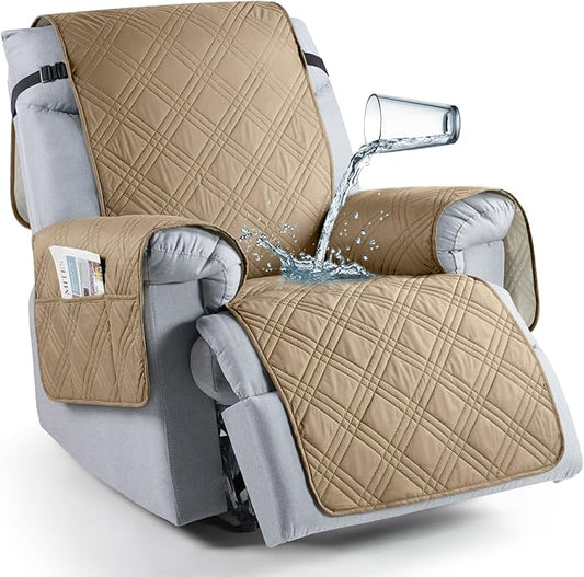 TAOCOCO 100% Waterproof Recliner Chair Cover Stay in Place, Recliner Covers for Small Recliner Chair with Pocket, Reclining Chair Cover Furniture Protector for Kids, Pets(20'', Camel)