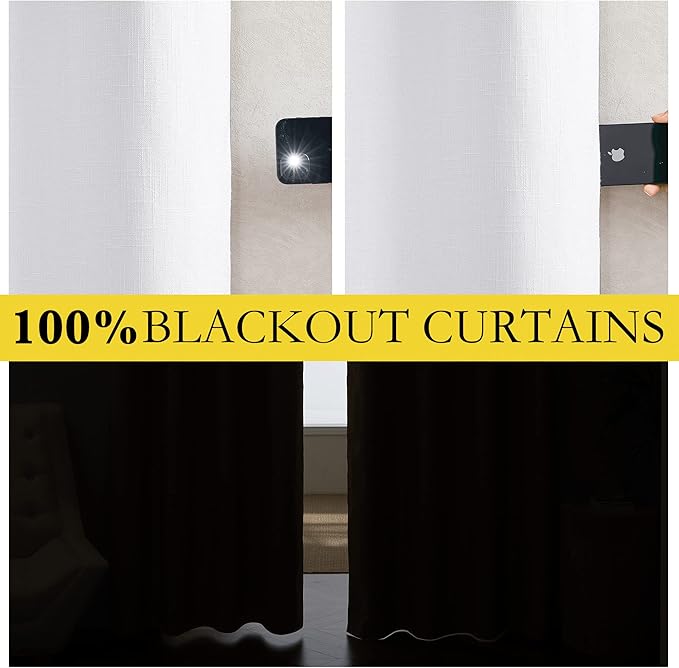 NICETOWN 100% Absolutely Blackout Linen Curtains with Thermal Insulated White Liner, White, 34 inches Wide, 60 inches Length Energy Saving Curtains for Cupboard 2 Panels Set, Vertical Blinds