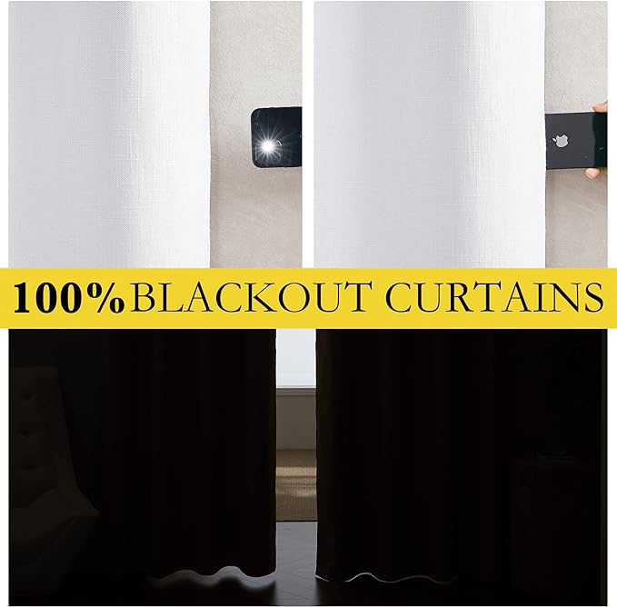 NICETOWN 100% Absolutely Blackout Linen Curtains with Thermal Insulated White Liner, 62" Wide, 2 Panels, 84 inches Long Drapes, Grommet Retro White Linen Curtains Vertical Drapes Privacy for Bedroom