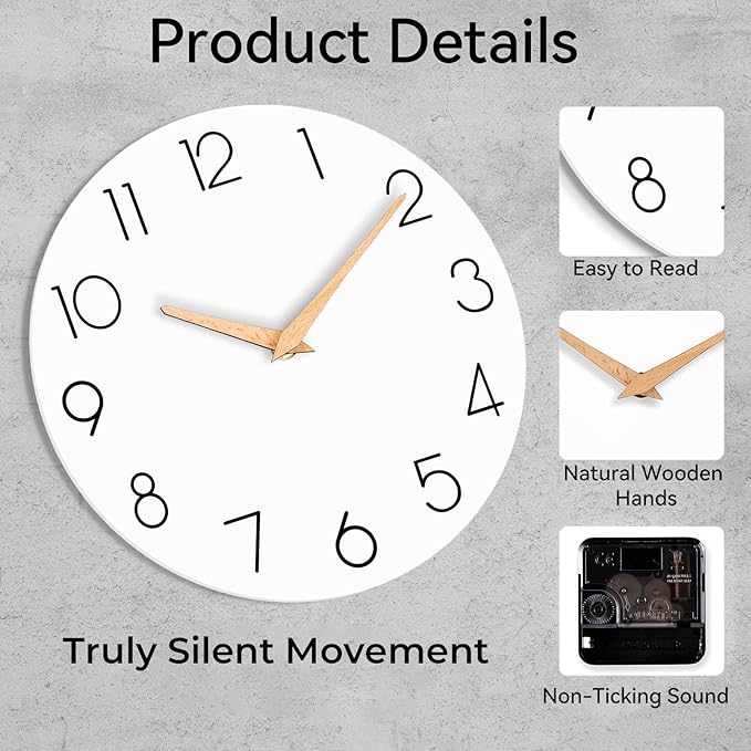 Wall Clock, 12 Inch Wooden Silent Non-Ticking, Decorative Battery Operated Wall Clocks for Bedroom, Kitchen, Home, Living Room, Office, School, Hotel (White)