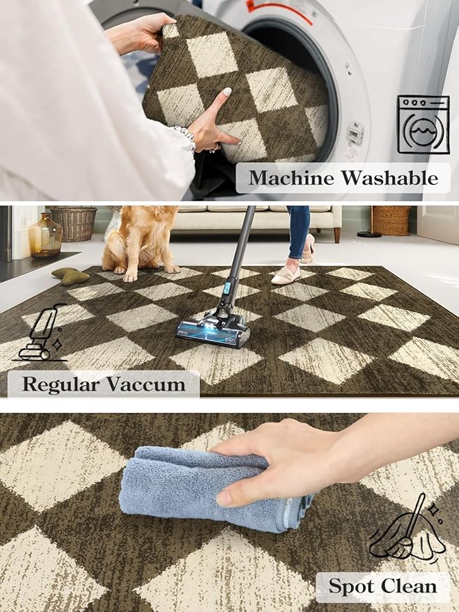 Lahome Zelie Machine Washable 3x5 Area Rug, Soft Rugs for Entryway Non Slip Kitchen Rugs, Moroccan Trellis Non Slip Non Shedding Printed Indoor Front Door Carpet for Bathroom Entrance, Brown