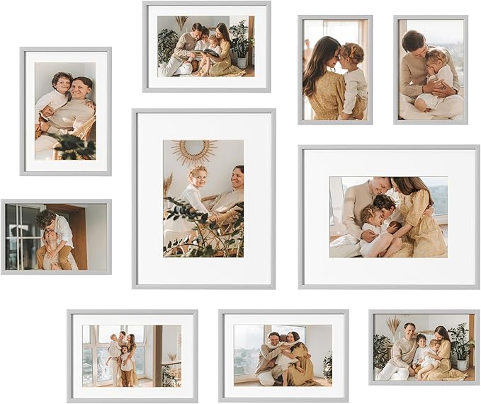 eletecpro Aluminum Gallery Wall Frame Set of 10, Including 2Pcs 8x10, 4Pcs 5x7, 4Pcs 4x6 Photo Frames for Wall or Tabletop Display, Multiple Sizes Picture Frames Collage Wall Decor, Silver