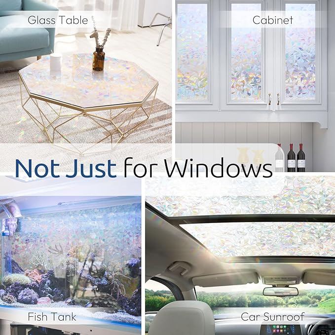 rabbitgoo Window Privacy Film Rainbow Film Decorative Window Sticker, 3D Static Stained Glass Cling Tint for Home Heat Control Non-Adhesive, 17.5 x 118.1 inches