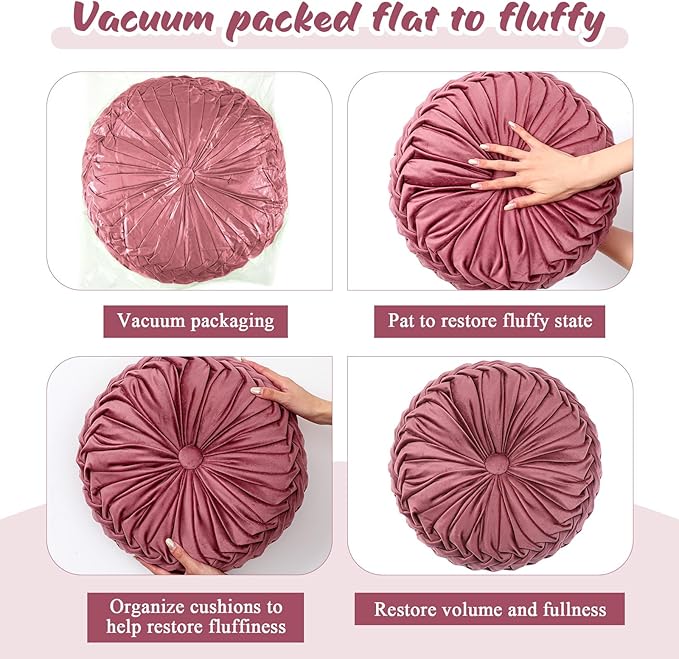 Drydiet 2 Pcs Round Throw Velvet Pillows Decorative Pleated Throw Pillows 15'' Diameter Accent Pumpkin Boho Chair Cushion for Couch Sofa Home Decoration (Dusty Rose)