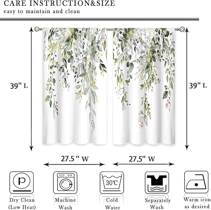 Eucalyptus Botanical Leaves Floral Kitchen Window Curtains Over Sink Boho Farmhouse Flower Leaf Small Window Treatment Sage Green Cafe Short Curtains for Bathroom Tier Drapes 27.5x39 inch