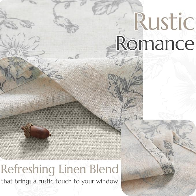 jinchan Linen Floral Valance Double Layer Kitchen Window Curtain Grey Flower on Beige Valance for Living Room Cafe Farmhouse Light Filtering Rustic Country Curtain 16 Inch Rod Pocket 1 Panel