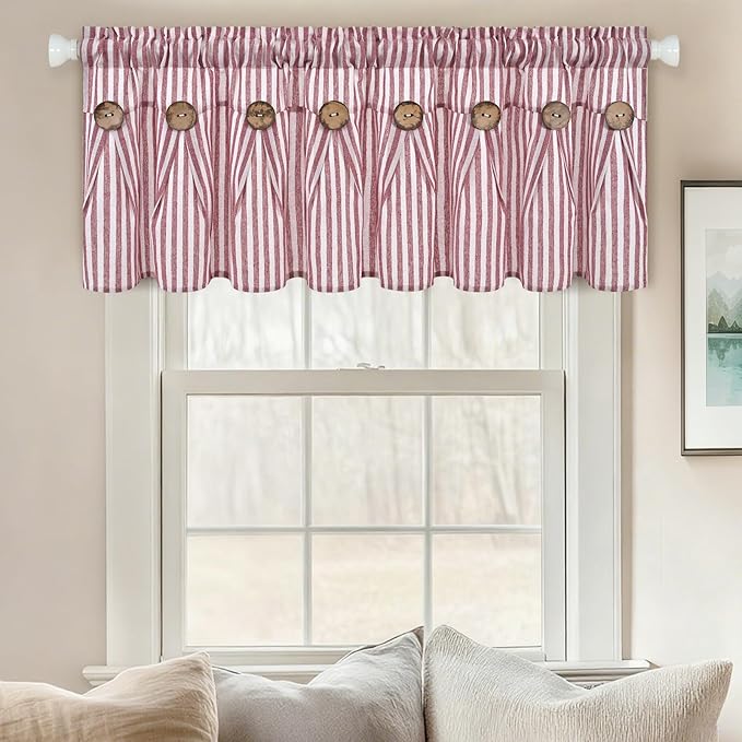 ASPMIZ Farmhouse Valances for Windows, Cotton Linen Kitchen Curtains Valances with Rustic Buttons, Red Striped Window Valance for Living Room, Boho Valance Curtains for Bathroom, 52 x 18 Inches