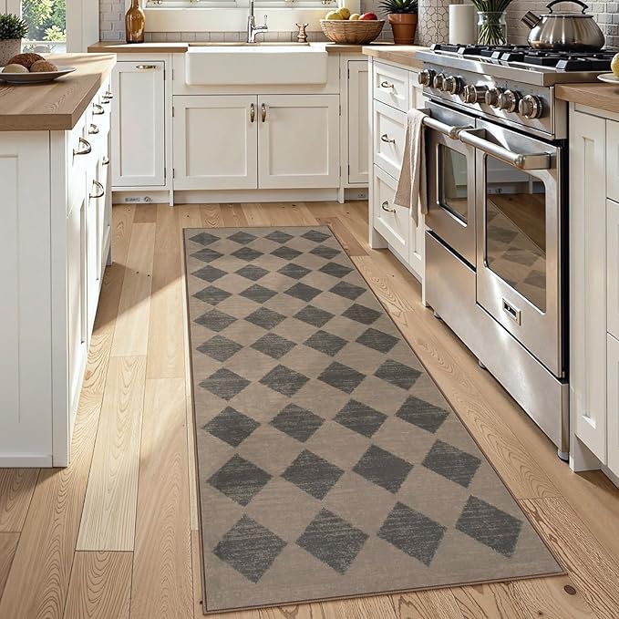 Lahome Zelie Checkered Washable 2x6 Brown Runners for Hallways Non Slip, Ultra-Thin Kitchen Bathroom Runner Rugs, Moroccan Trellis Throw Carpet Runner for Bedroom Entryway Decor (2'x6',Brown)