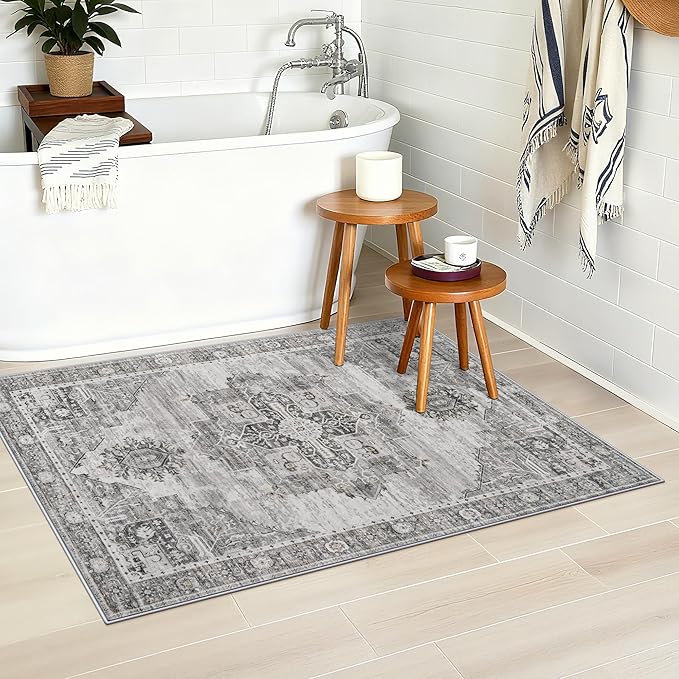 RUUGME Washable 2x3 Area Rugs - Large Boho Rugs for Living Room Stain Resistant Carpet Vintage Tribal Rugs for Bedroom Kitchen Bathroom with Non Slip Backing Home Decor Floor Decoration Mat 2x3 Grey