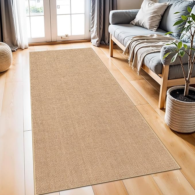 2x6 Jute Woven Runner Rug: Non-Slip Backing Solid Color Pattern - Easy Clean Carpet for Hallway Kitchen - Washable Thin Indoor Rugs for High Traffic Areas Farmhouse Home Decor (Beige,2x6)