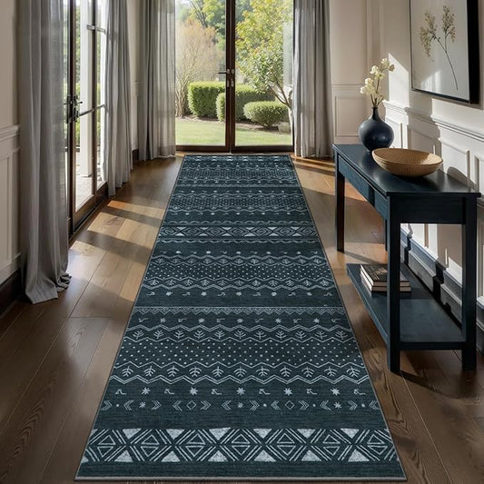 SERISSA Hallway Runner Rug, 2x10 Washable Non-Slip Grey Boho Rug, Soft Low-Pile Geometric Indoor Long Carpet for Kitchen Laundry Room Bathroom Bedroom Entryway Stair