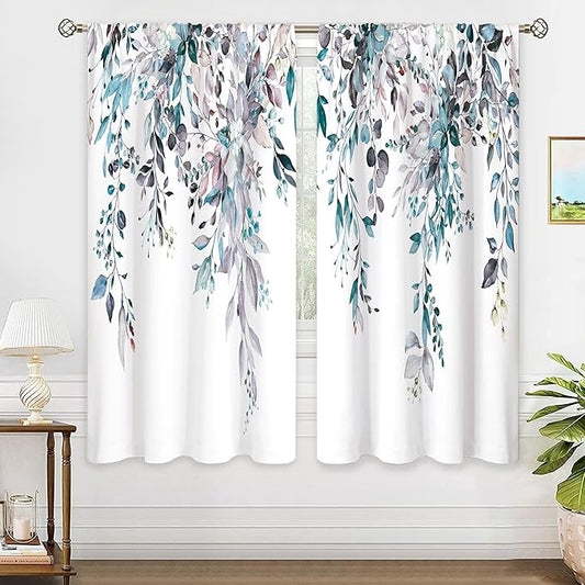 Blue Grey Eucalyptus Leaves Window Curtains Farmhouse Rustic Flower Floral Botanical Plant Wildflower Curtain Drapes Herb Curtains for Bedroom Living Room Treatment 2 Panels 29Wx63H Inch