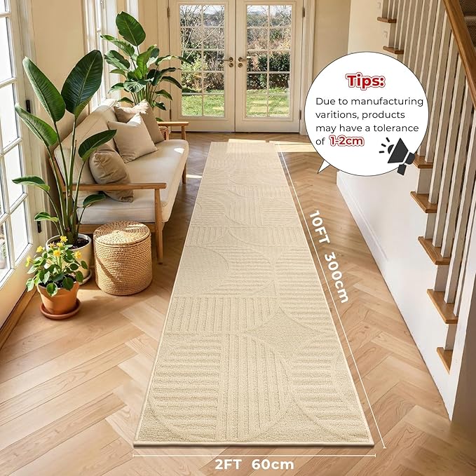 Findosom Washable Runner Rug 2x10, Geometric High-Low Textured Non Slip Hallway Runner Rug with Rubber Backing, Boho Carpet Runner for Kitchen, Bedroom, Laundry, Entryway, Bathroom, Beige