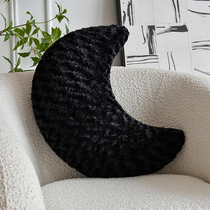 Moon Shaped Pillow with Soft Faux Fur for Couch, Bed, Sofa - Cute Half Moon Pillows with Room Decor for Bedroom, Living Room (14.9 Inches, Black)