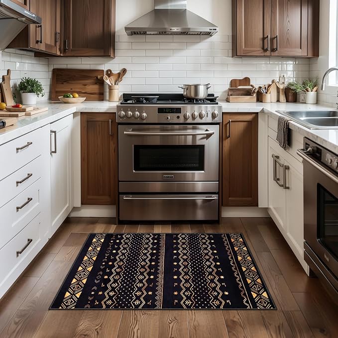 SERISSA 2x3 Rugs for Entryway, Washable Non-Slip Black and Gold Small Area Rug, Soft Low-Pile Boho Geometric Indoor Entry Rug Door Mat Indoor Entrance Front Door Carpet for Bathroom Kitchen Bedroom