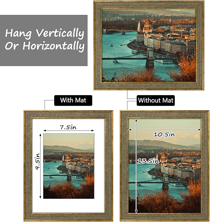 Golden State Art, 11X14 Ornate Finish Photo Frame with White Mat for 8x10 Picture & Real Glass. Color: Distressed Gold