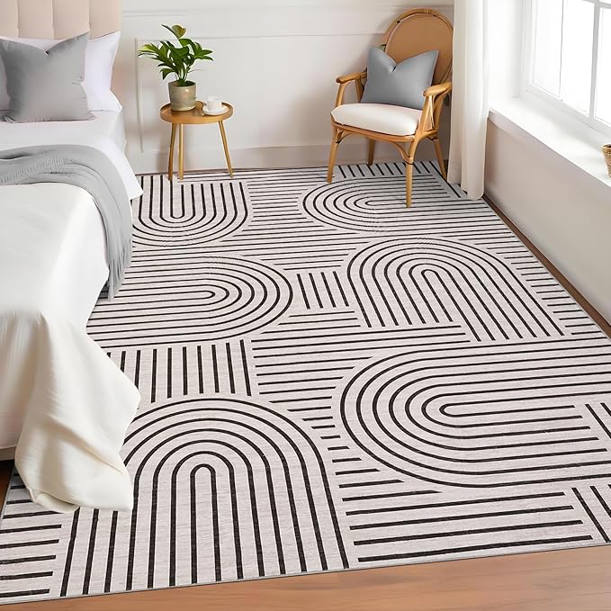 Washable Rug 3x5 Area Rugs for Living Room, Abstract Rug for Bedroom, Soft Rainbow Non Slip Throw Rugs with Rubber Back, Low Pile Stain Resistant Boho Geometric Carpet for Dining Room, LightCamel