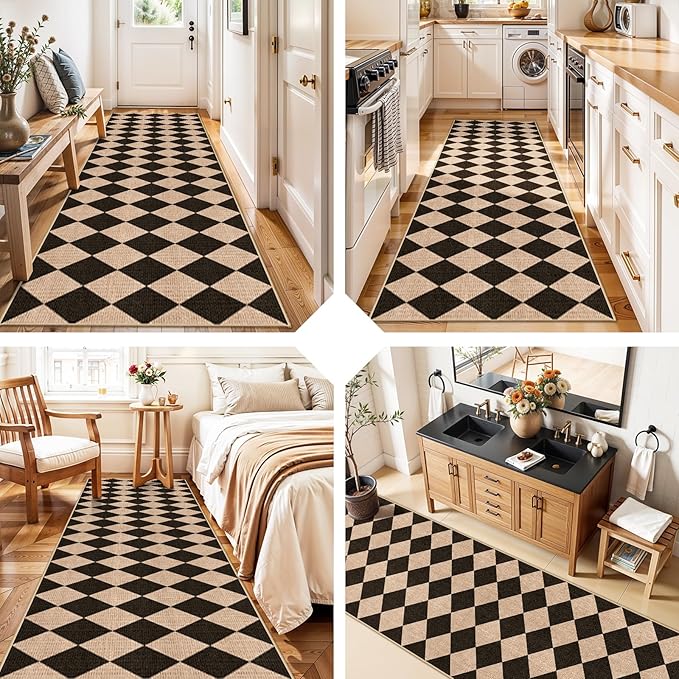 2x8 Checkered Runner Rug for Hallway: Washable Faux Jute Runners Indoor Farmhouse Style - Carpet Non-Slip Backing - Non Slip Narrow Floor Runners for Entryway Kitchen Living Room (Black/Brown,2x8)