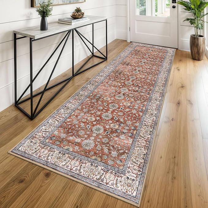 KUTA Vintage Washable Runner Rug, 2.6x8 Red Clay Runners for Hallways Non-Slip Kitchen Rugs Ultra Thin Soft Printed Distressed Oriental Floral Floor Carpet for Laundry Bedroom Living Room Nursery