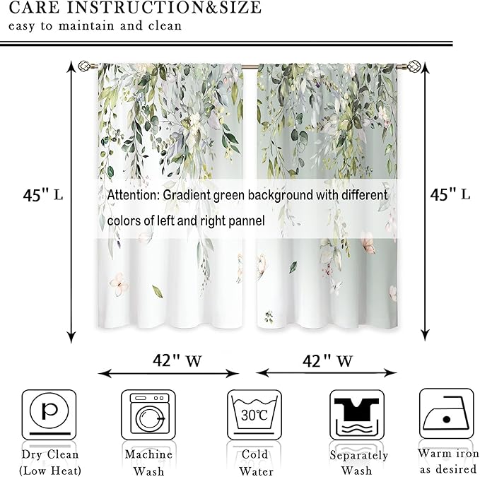 Sage Eucalyptus Botanical Leaves Floral Window Curtains Butterfly Farmhouse Flower Leaf Rod Pocket Sage Green Curtain Drapes Curtains for Bedroom Living Room Treatment 2 Panels 42Wx45H Inch