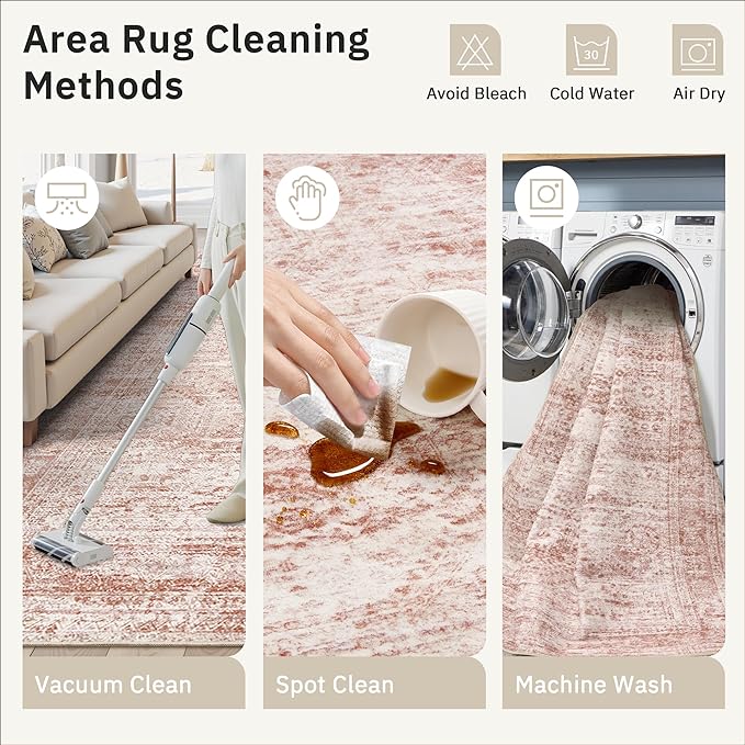 Soalmost 5x7 Area Rugs Pink Low Pile Indoor Washable Trendy Faded Style Rugs for Bedroom Living Room Dining Room Foldable Non-Slip Thin Print Mat