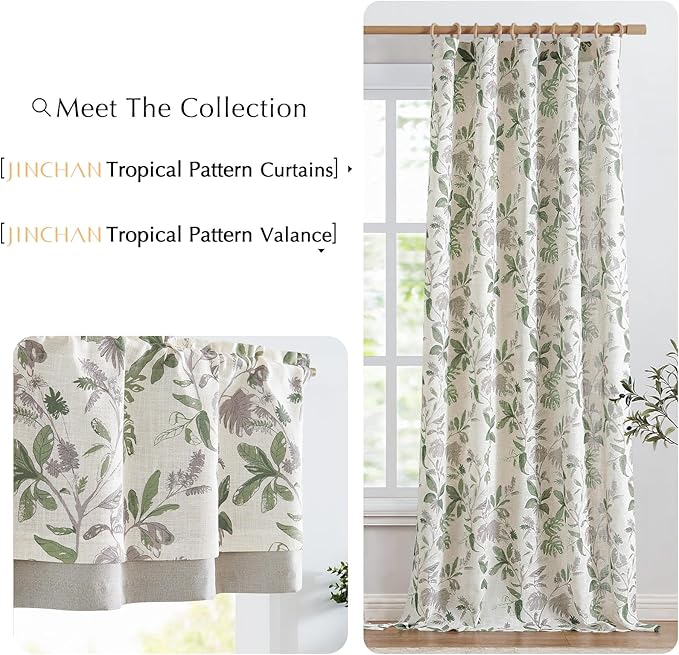 jinchan Linen Valance Double Layer Kitchen Window Curtain Green Leaf on Beige Valance for Living Room Cafe Farmhouse Light Filtering Rustic French Country Curtain 18 Inch Rod Pocket 1 Panel