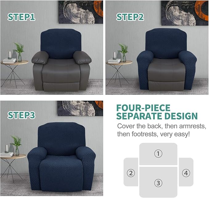 YEMYHOM 4 Pieces Stretch Recliner Slipcover Latest Jacquard Recliner Chair Cover with Side Pocket Anti-Slip Fitted Recliner Cover Couch Furniture Protector with Elastic Bottom (Recliner, Navy)