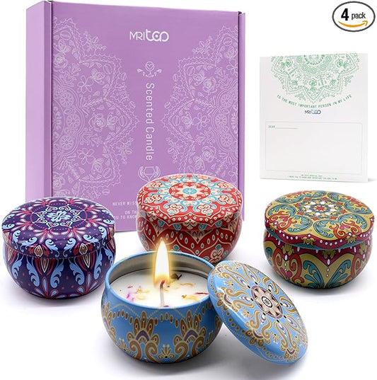 Scented Candles Gift Set for Women Soy Candles 4 Pack Natural Aromatherapy with Dried Flowers in Reusable Tins Relaxation Gift for Birthday Mother's Day Valentine's Day Christmas New Home
