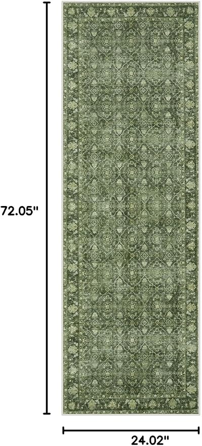 Hedlive Vintage Green Washable 2x6 Runners for Hallways, Boho Kitchen Runner Rug Non Skid, Soft Low Pile Floor Carpet for Entry Bathroom Bedside High Traffic Area (2'x6', Green)