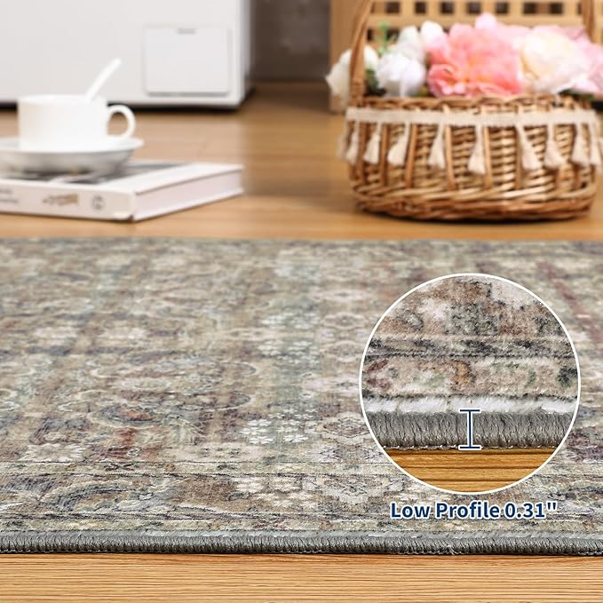GarveeHome Runner Rug 2x6 Washable Vintage Floral Bathroom Rugs, Non Slip Low Pile Oriental Accent Carpet, Foldable Retro Runners for Hallways, Entryway, Laundry, Kitchen, Camel
