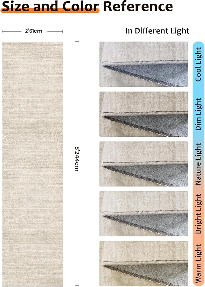Art&Tuft Washable Runner Rug - 2x8 Hallway Runner Rug Non-Slip, Soft Low Pile Kitchen Rug Runners for Hallways, Entryway, Bedroom, Living Room, Beige