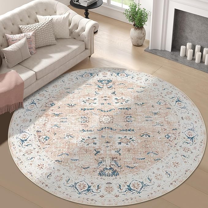 jinchan Round Rug 7ft Area Rug - Washable Boho Vintage Floral Circle 7' Round Floor Cover Lightweight Low Pile Thin Throw Non-Slip Carpet for Kitchen Living Room Bedroom Dining Room Office Pink Blush