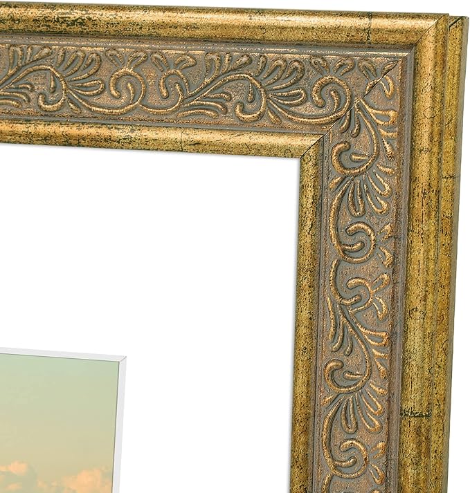 Golden State Art, 13x19 Ornate Finish Photo Frame with White Mat for 11x17 Picture & Real Glass. Color: Distressed Gold