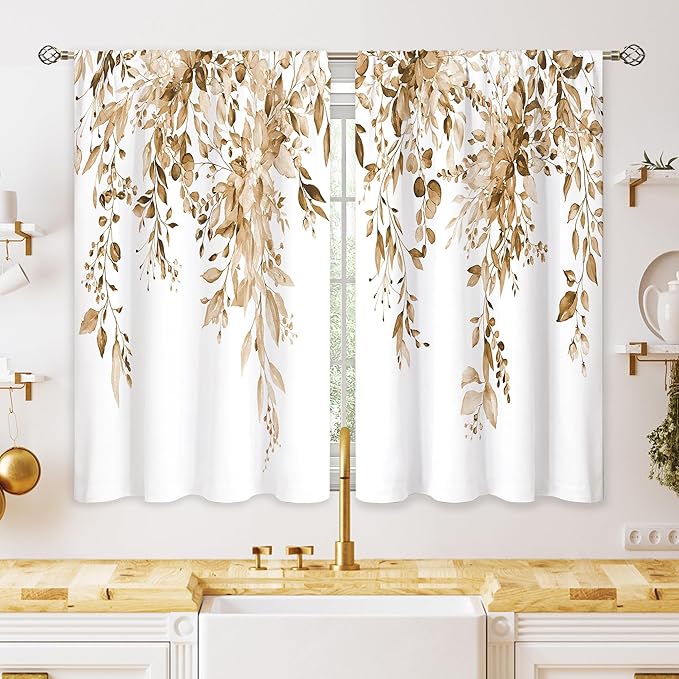 Eucalyptus Botanical Leaves Floral Kitchen Window Curtains Over Sink Farmhouse Flower Leaf Small Window Treatment Tan Floral Cafe Short Curtains for Bathroom Treatment Tier Drapes 26x30 inch