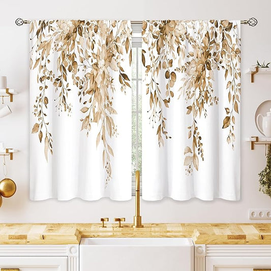 Eucalyptus Botanical Leaves Floral Kitchen Window Curtains Over Sink Farmhouse Flower Leaf Small Window Treatment Tan Floral Cafe Short Curtains for Bathroom Treatment Tier Drapes 26x30 inch